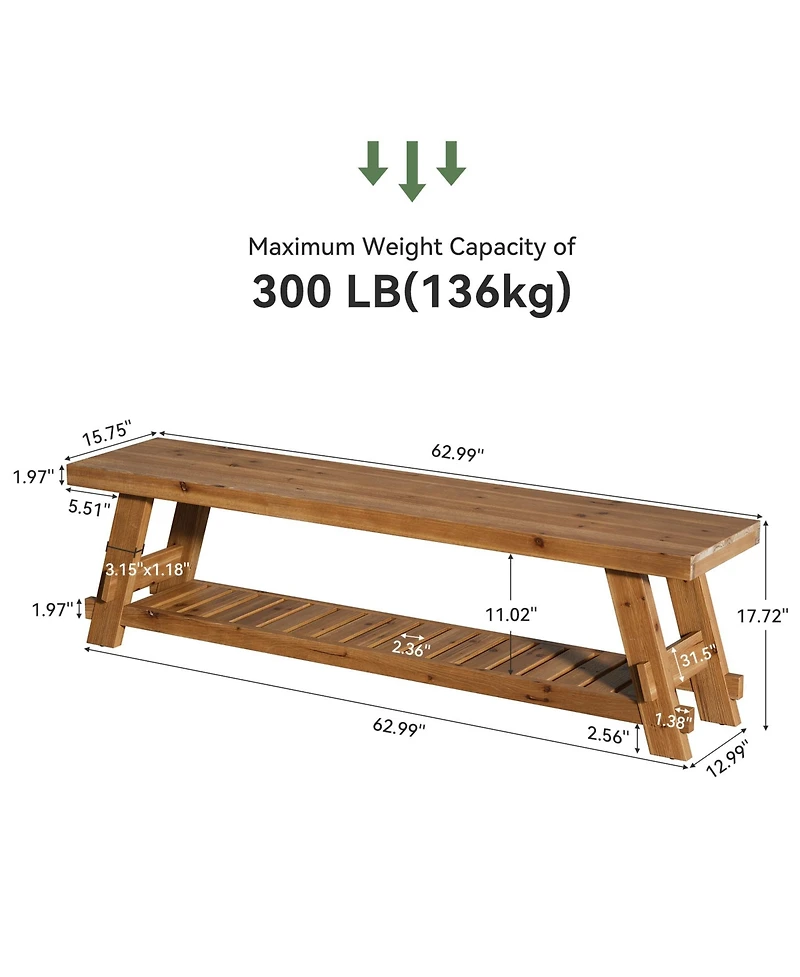 Tribesigns 63" Solid Wood Bench, 2-Tier Shoe Rack, Farmhouse Entryway Bench with Storage Shelf, Kitchen Dining Bench