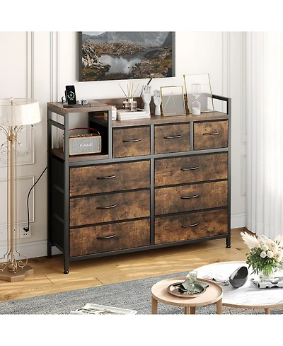 gaomon 9-Drawer Fabric Dresser with Wood Top, Heavy-Duty Steel Frame Storage Organizer Tower for Bedroom, Closet, Living Room, Hallway