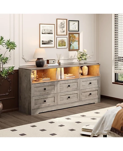 gaomon 6 Drawer Dresser with Rgb Lights & Power Outlet, Wood Tv Stand Storage Cabinet for Bedroom, Living Room