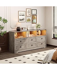 gaomon 6 Drawer Dresser with Rgb Lights & Power Outlet, Wood Tv Stand Storage Cabinet for Bedroom, Living Room