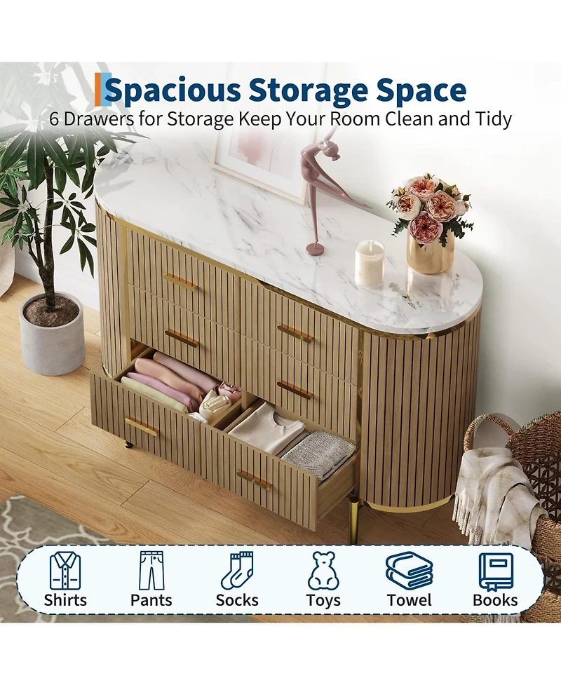 gaomon 6 Drawer Wood Dresser Tv Stand with Metal Handles & Curved Profile for Bedroom