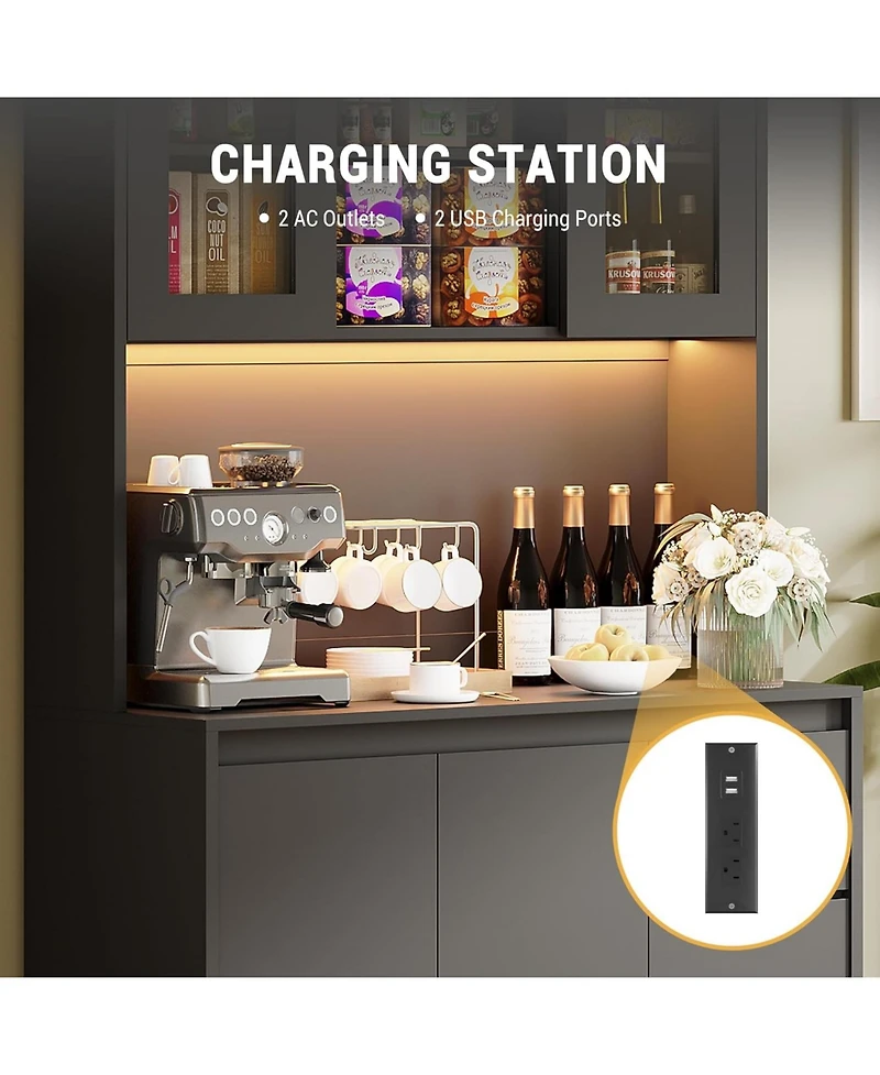 gaomon 71 Inch Tall Black Kitchen Pantry Cabinet with Microwave Shelf Led Lights and Charging