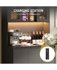 gaomon 71 Inch Tall Black Kitchen Pantry Cabinet with Microwave Shelf Led Lights and Charging