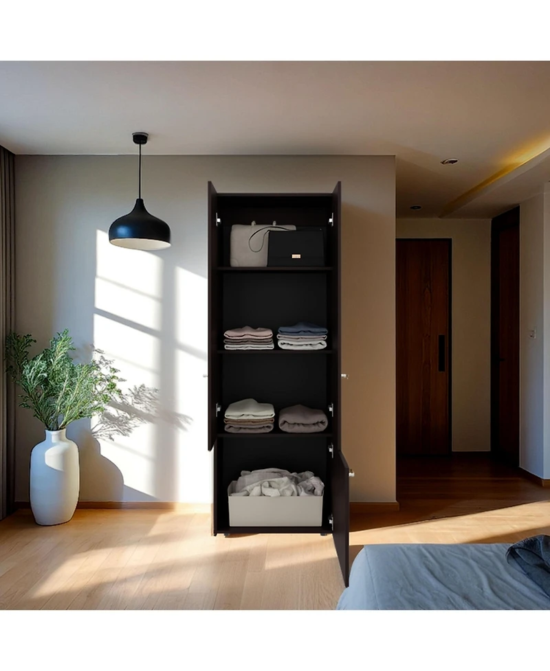 flynama Stained Walnut Tolleson 3-Door Tall Wardrobe Armoire 4 Shelves Hanging Rod Freestanding Storage