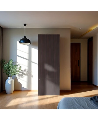 flynama Stained Walnut Tolleson 3-Door Tall Wardrobe Armoire 4 Shelves Hanging Rod Freestanding Storage