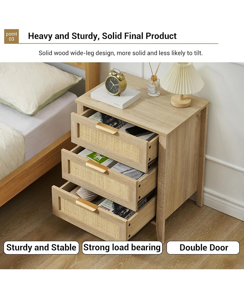 gaomon rattan nightstand with 3 drawers and a storage shelf, boho bedside table with sturdy wood legs, ideal for kids' rooms or farmhouse bedrooms.