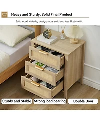gaomon rattan nightstand with 3 drawers and a storage shelf, boho bedside table with sturdy wood legs, ideal for kids' rooms or farmhouse bedrooms.