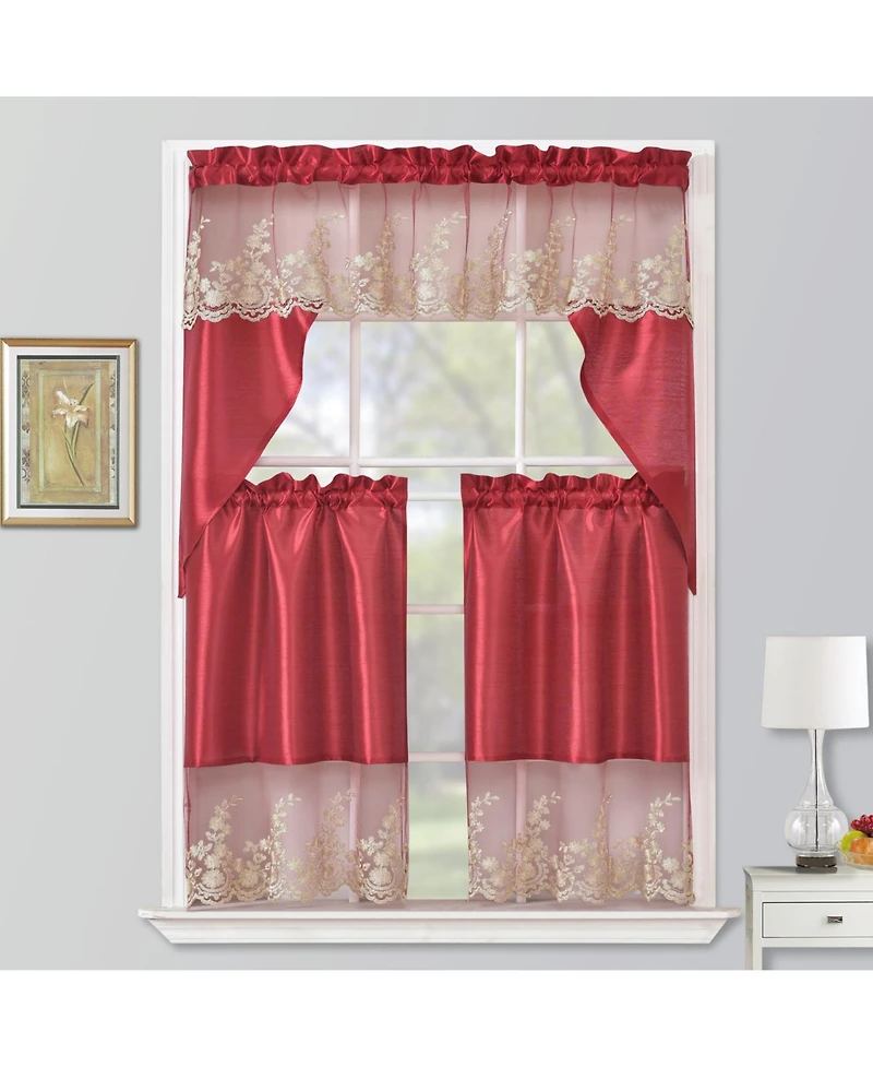 Rt Designers Collection Polyester Bethany Embroidered 3 Piece Kitchen Curtains Tier & Swag Set 60" x 36"