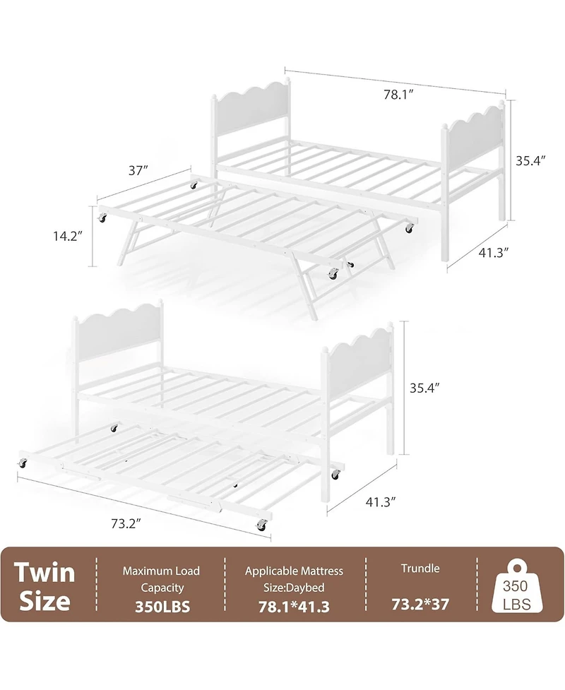 gaomon Twin Daybed with Trundle, Industrial Wood Grain Headboard, Steel Slat Support, Lockable Casters, Space-Saving & Multifunctional