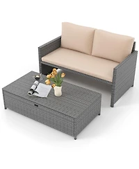 Gymax 2 Pcs Patio Loveseat w/ 31 Gal Multifunctional Storage Ottoman and Soft Cushions