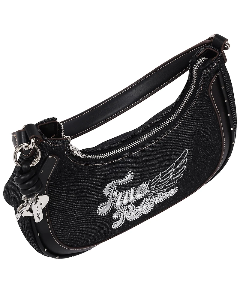 True Religion Wing Motif Denim Hobo Bag with Red Trim
