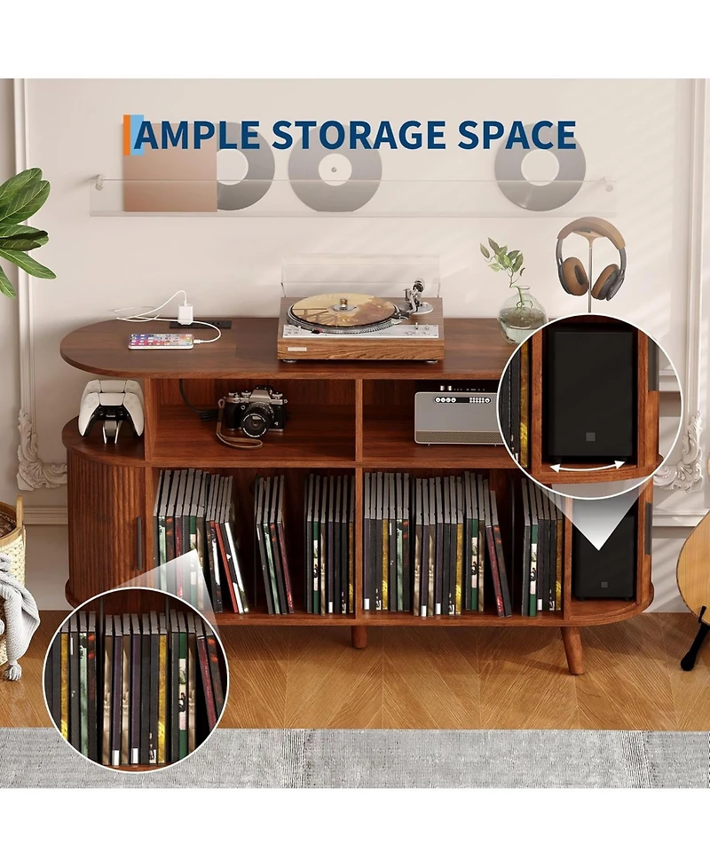 gaomon 55" Fluted Mid-Century Modern Turntable Cabinet with Vinyl Storage & Round Record Stand