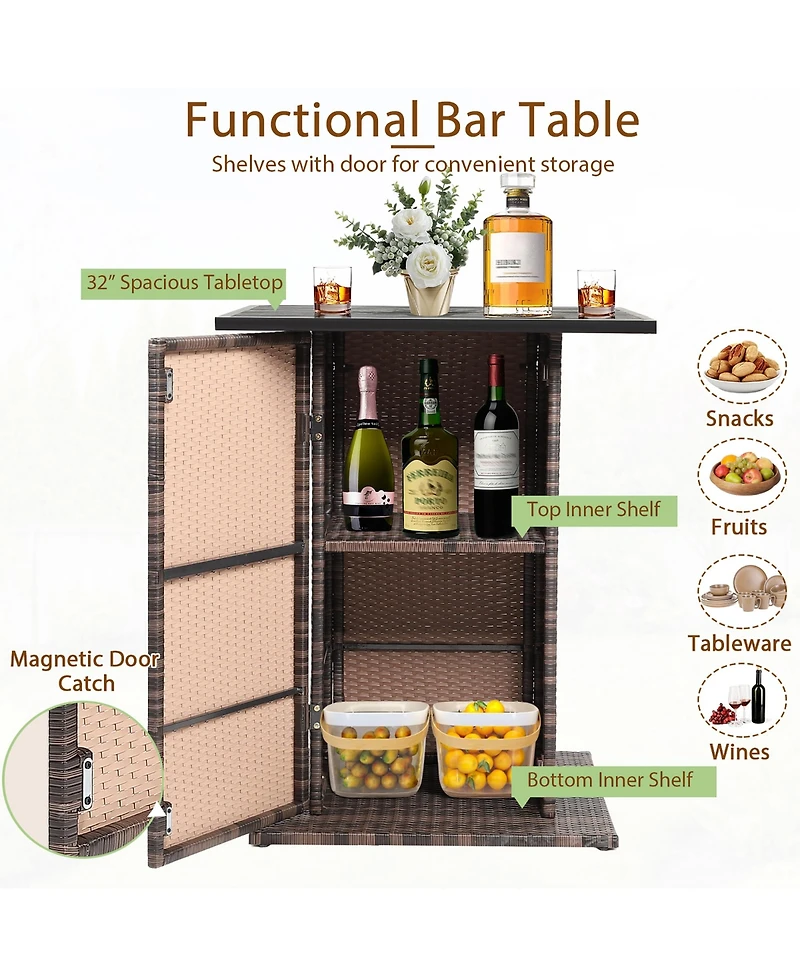 Gymax 5PCS Patio Bar Set Rattan Bar Furniture Set w/ Table & 4 Cushioned Stools