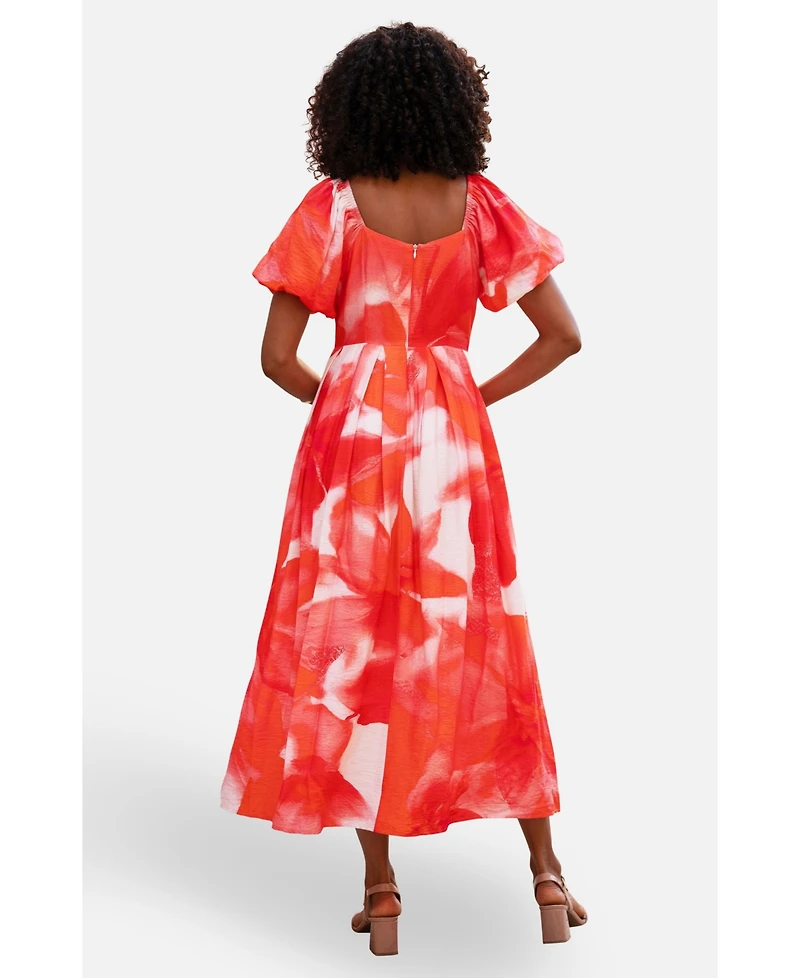 Yumi Women's Floral Midi Dress With Puff Sleeves