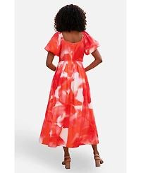 Yumi Women's Floral Midi Dress With Puff Sleeves