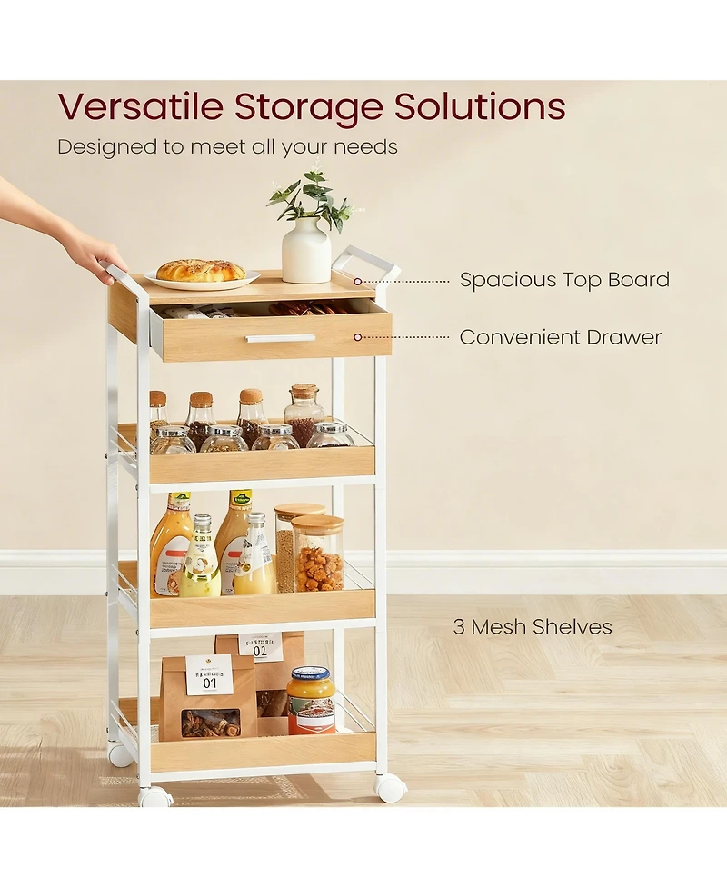 Yigii 4-Tier Rolling Storage Cart with Top Board, Drawer, Mesh Shelves, Lockable Casters