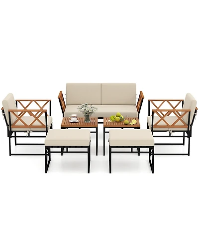 Gymax Set Of 7 Outdoor Conversation Set Acacia Wood Chairs & Coffee Tables Set w/Ottomans