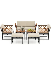 Gymax Set Of 7 Outdoor Conversation Set Acacia Wood Chairs & Coffee Tables Set w/Ottomans
