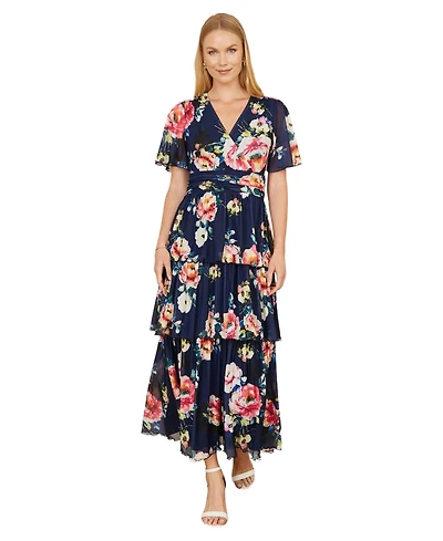Yumi Women's Mesh V-Neck Tiered Maxi Dress