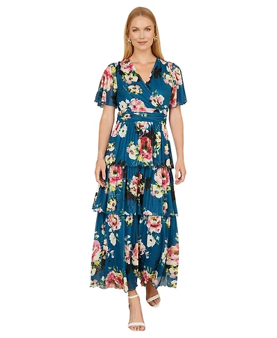 Yumi Women's Floral Mesh Tiered Maxi Dress
