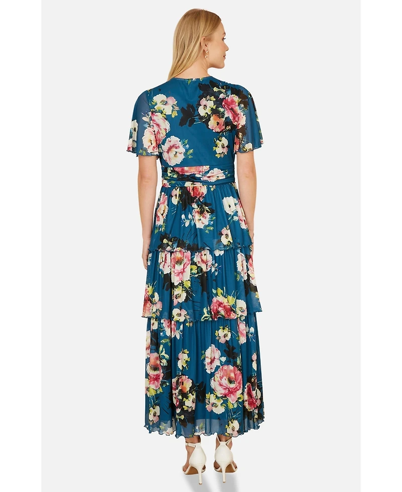Yumi Women's Floral Mesh Tiered Maxi Dress