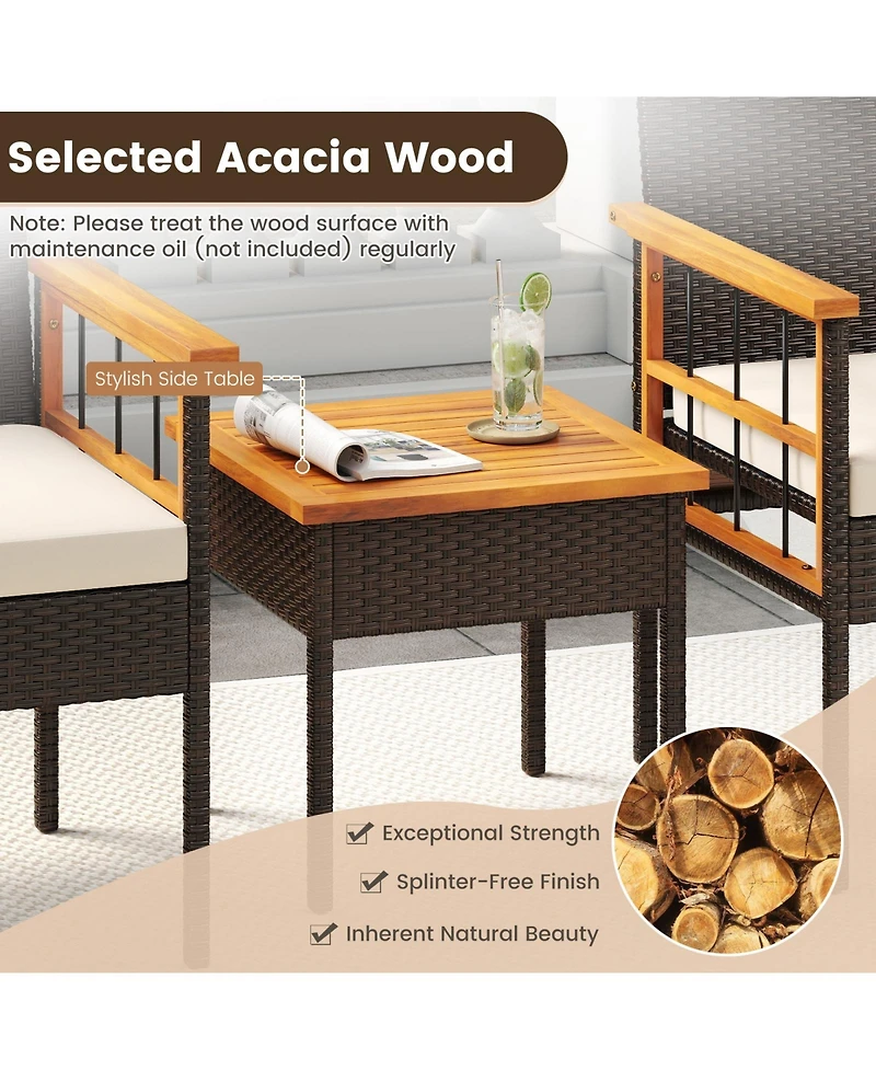 Gymax Set of 3 Wicker Furniture Set w/Acacia Wood Tabletop Armrests Cushions for Backyard