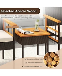 Gymax Set of 3 Wicker Furniture Set w/Acacia Wood Tabletop Armrests Cushions for Backyard