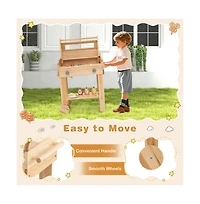 Hongge Kids Wooden Barbecue Grill Playset Pretend Kitchen with Food and Wheels