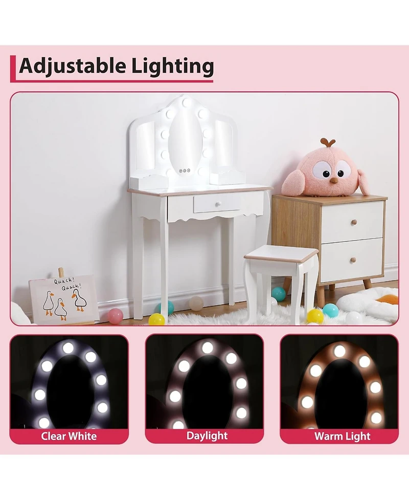gaomon Kids Vanity Table and Chair Set with 3 Mirrors, Led Light & Drawer, Wooden Makeup Set