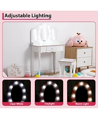 gaomon Kids Vanity Table and Chair Set with 3 Mirrors, Led Light & Drawer, Wooden Makeup Set