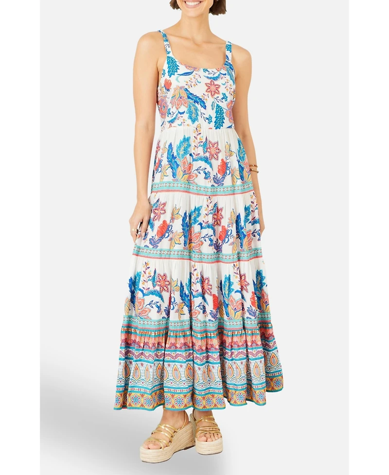 Yumi Women's Floral Block Print Tiered Maxi Sun Dress