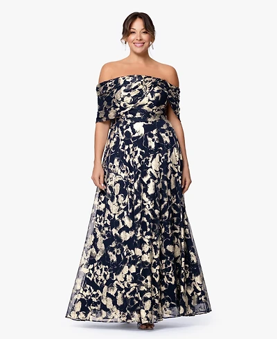 Betsy & Adam Plus Printed Off-The-Shoulder Ball Gown