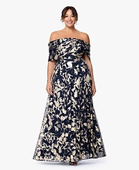 Betsy & Adam Plus Printed Off-The-Shoulder Ball Gown