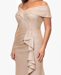 Xscape Plus Foil Knit Off-The-Shoulder Ruffle Gown