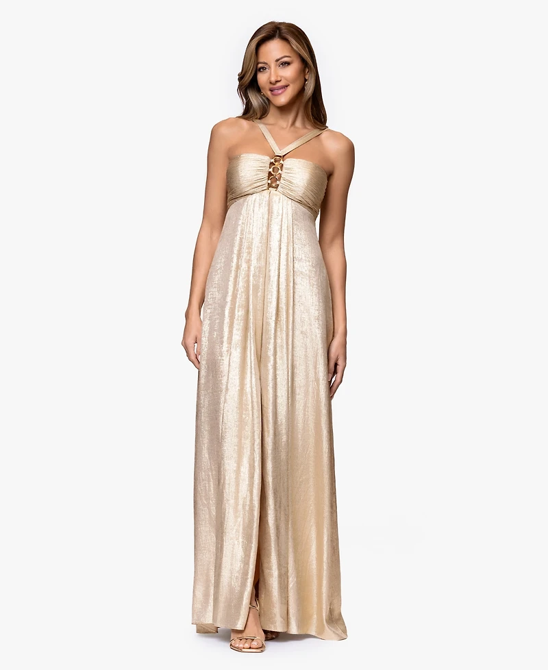 Xscape Petite Metallic Hardware Halter Neck Gown