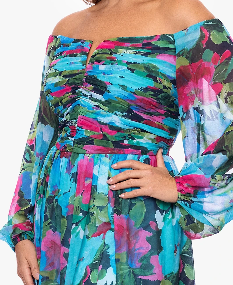 Xscape Plus Off-The-Shoulder Long-Sleeve Printed Gown