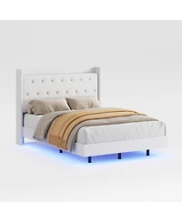 gaomon Modern Full Floating Bed Frame Rgb Led Lights Fabric Wingback Storage Headboard No Box Spring