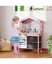 Mecale Kids Play Kitchen Toy with 2 Stoves & Rotating Knobs, Wooden Pretend Play Set