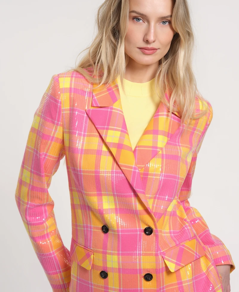 Isaac Mizrahi Women's Long-Sleeve Plaid Sequin Blazer