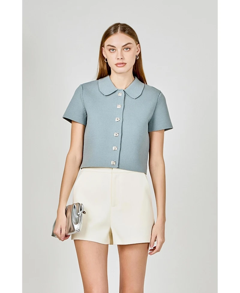 endless rose Women's Jewel Buttoned Cropped Knit Top