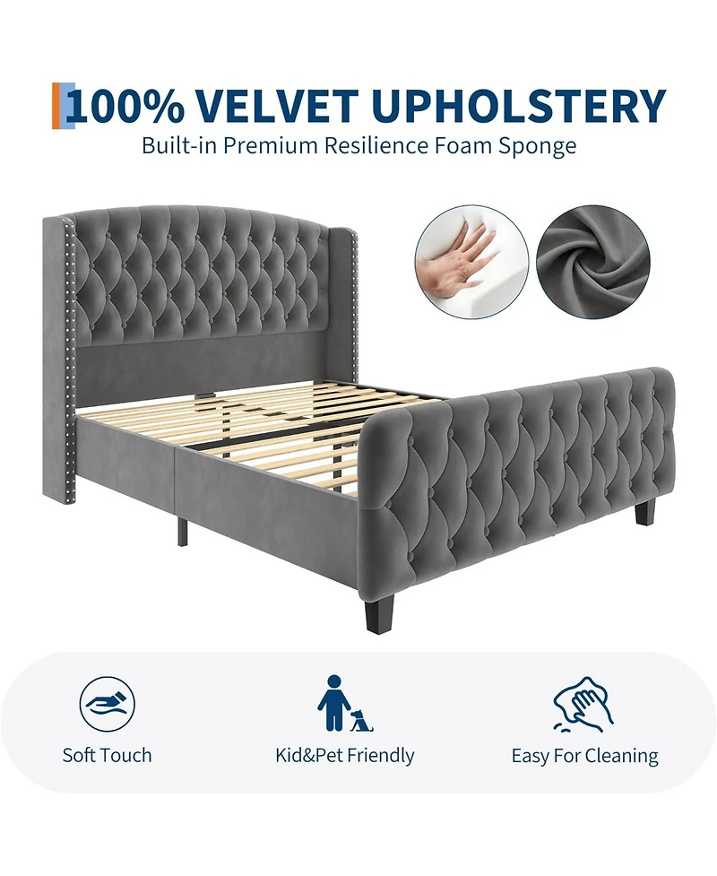 gaomon King Bed Frame Tall Deep Button Tufted Wingback Headboard and Footboard Velvet Upholstered Platform No Box Spring