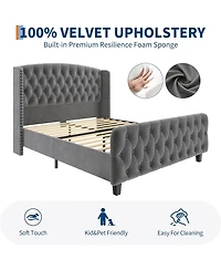 gaomon King Bed Frame Tall Deep Button Tufted Wingback Headboard and Footboard Velvet Upholstered Platform No Box Spring