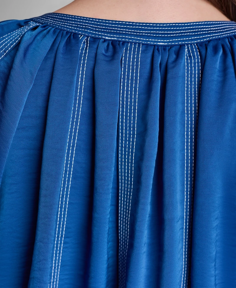 Dkny Women's Puff-Sleeve Top Stitch Tie Front Blouse