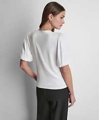 Dkny Women's Puffed Crewneck Mix Media Knit Top