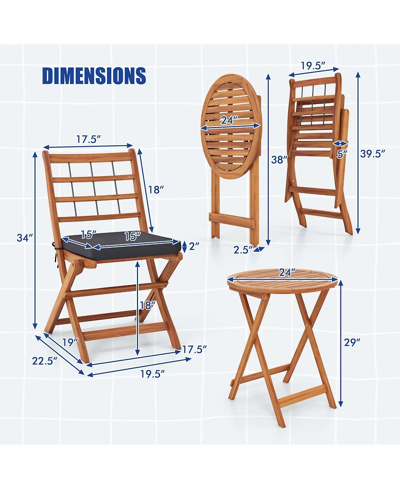 sumyeg 3-Piece Acacia Wood Patio Bistro Set with Seat Cushions