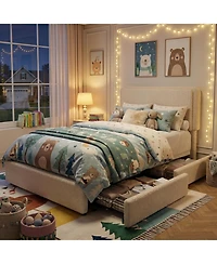 gaomon Twin Size Teddy Fleece Bed Frame, Upholstered Platform Bed with 2 Storage Drawers, Height Adjustable Headboard, Soft Teddy Fabric Bed