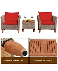 Gymax 3PCS Rattan Patio Conversation Furniture Set w/ Wooden Feet Cushions