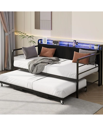 gaomon Daybed with Trundle Bed, Twin Bed Frame Corduroy Upholstered Storage Headboard & Charging Station and Led Light