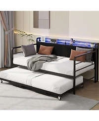 gaomon Daybed with Trundle Bed, Twin Bed Frame Corduroy Upholstered Storage Headboard & Charging Station and Led Light