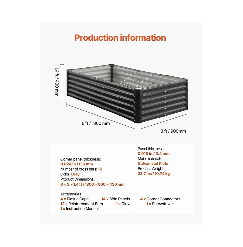 Slickblue 6x3x1.4 ft Galvanized Metal Raised Garden Bed